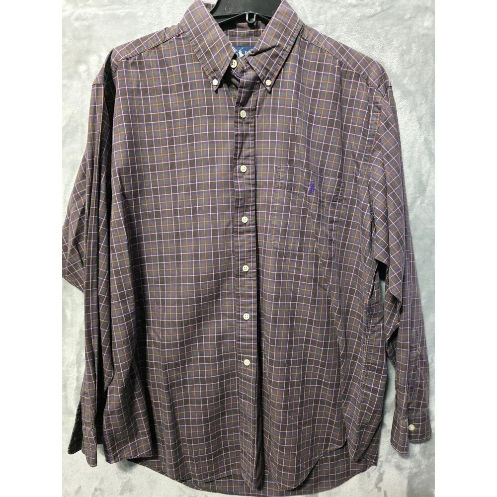 Ralph Lauren Mens L Shirt Brown Purple Check Striped Classic Casual Purple Pony